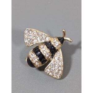 Rhinestone Pave Bumble Bee Pin Brooch Small Gold Tone Black enamel